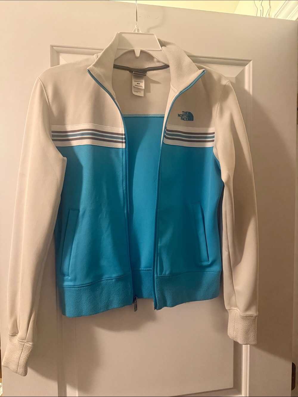 The North Face Women's Turquoise and White Track-Style Bomber size M
